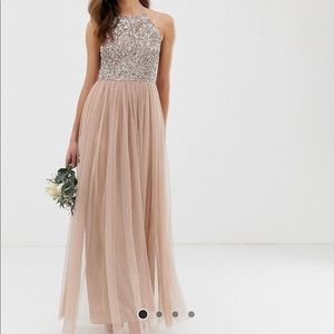 Maya sequin taupe blush halter maxi dress